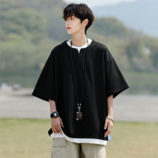 8XL-M重磅斜纹假两件短袖t恤男夏季薄款宽松大码半袖体恤DT006P45，男装T恤，电商B312