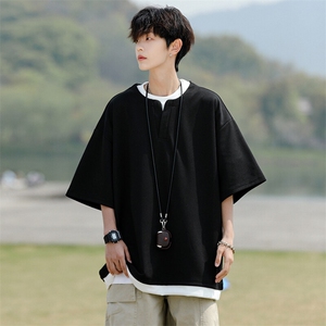 8XL-M重磅斜纹假两件短袖t恤男夏季薄款宽松大码半袖体恤DT006P45图片