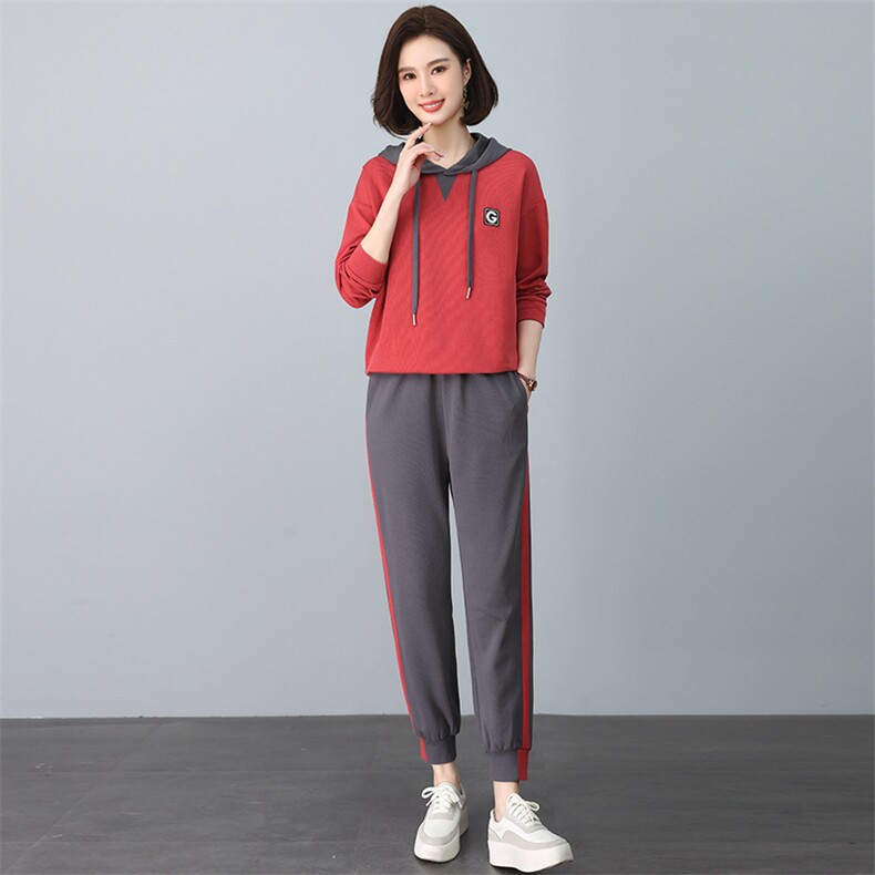 2024春秋季新款时尚休闲气质个性减龄休闲撞色连帽套装,女装套装/套裙,独衣靓