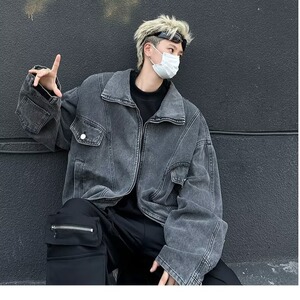 春秋季立领牛仔外套男做旧水洗休闲宽松美式痞帅夹克N8634/P80图片