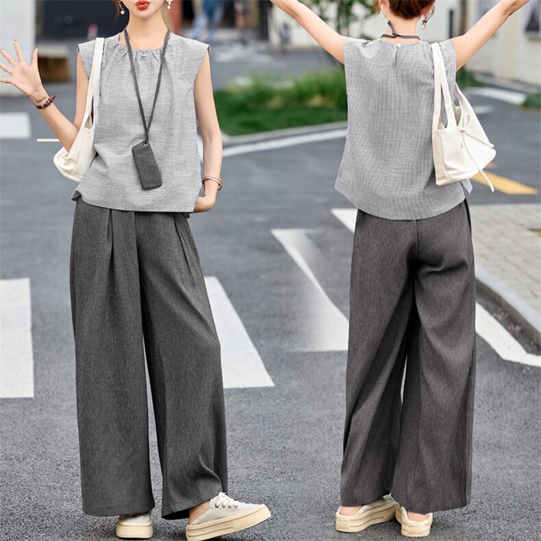三件套女夏季新款韩系慵懒风极简条纹背心上衣+高腰显瘦阔腿裤子，女装套装/套裙，潮流依族