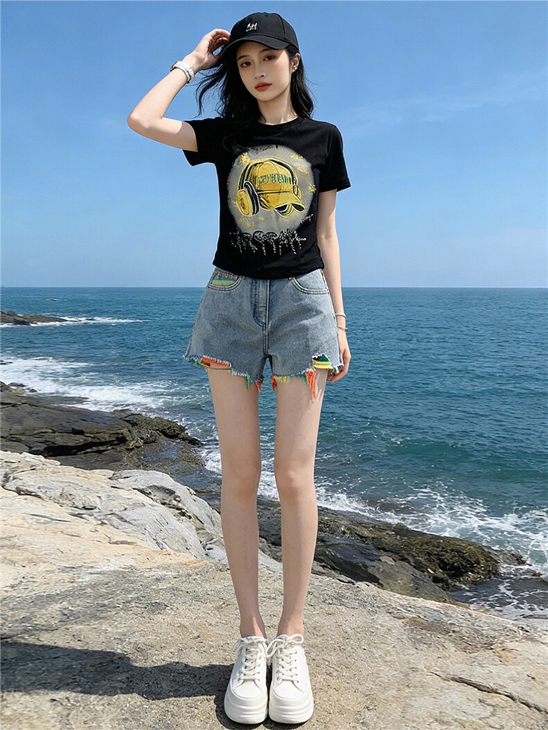 女夏季新款韩版运动休闲套装卡通印花圆领短袖宽松牛仔短裤两件套,女装套装/套裙,江南