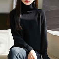 女士秋冬丝光羊毛中长款双股插肩高翻领羊毛衫，女装羊毛衫，朝思羊绒