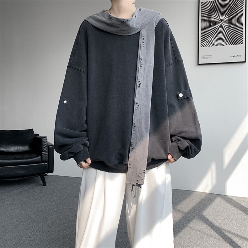 8XL-M高品质美式雕刻可拆卸破洞帽洗水深灰多穿法圆领卫衣WY28P88图片