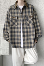 美式复古拼接撞色设计感秋季格子长袖衬衣男宽松衬衣CS538P65，男装衬衫，电商D206-1
