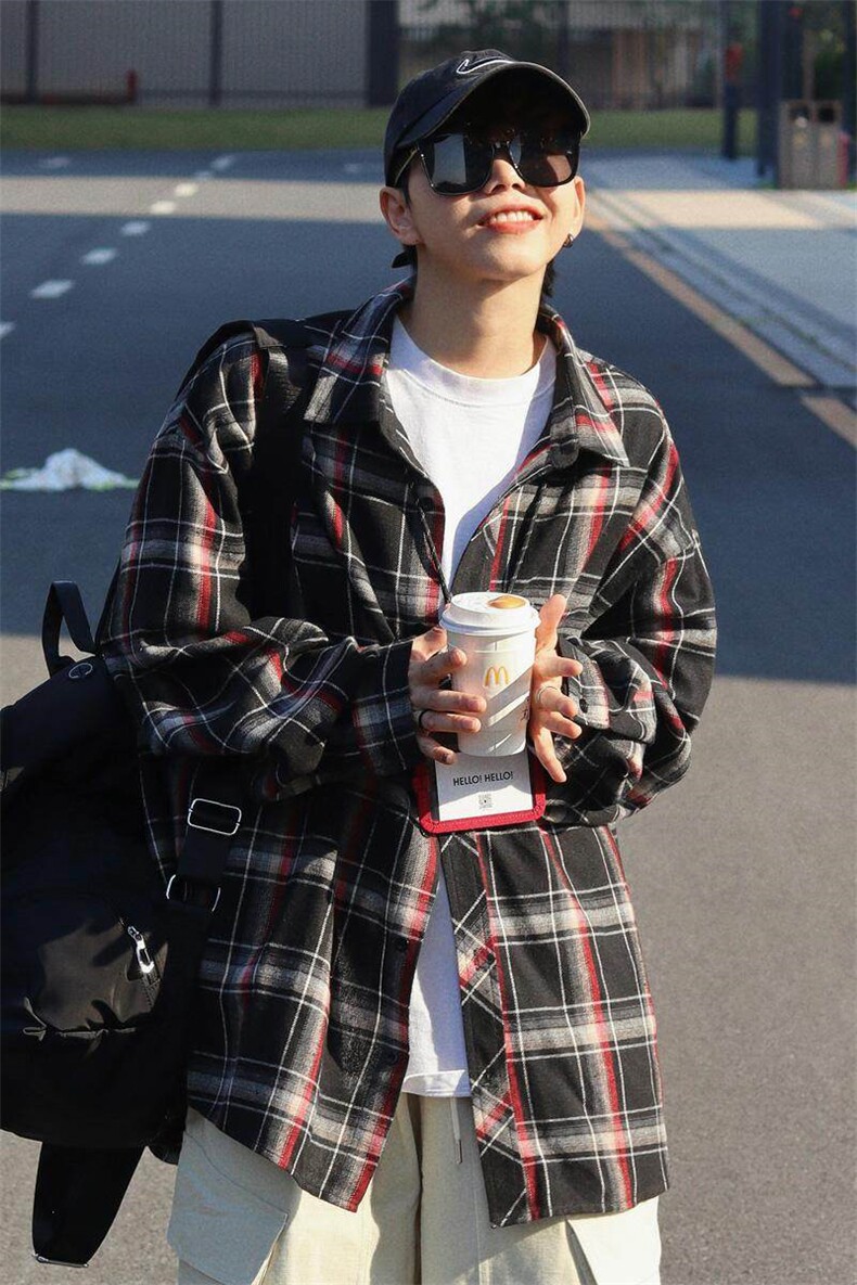24春季潮流复古格子大码翻领长袖衬衫内搭外套A168-HNCS04-TP45,男装Polo衫,电商A168