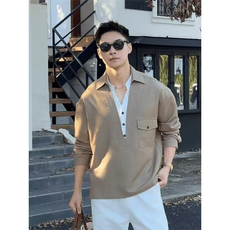 复古老钱风V领假两件衬衫外套男上衣高级感长袖衬衣HH2509P39,男装衬衫,星座1112-1