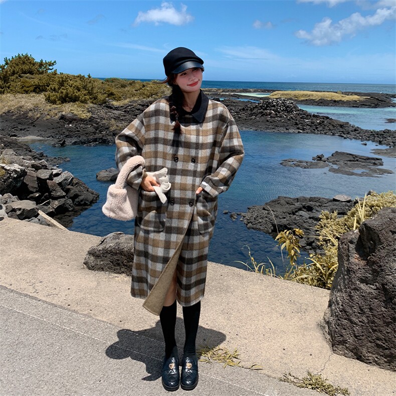 今年流行格子双面羊绒大衣女2024秋冬新款韩系高级感绵羊毛呢外套,女装毛呢外套,英标秀
