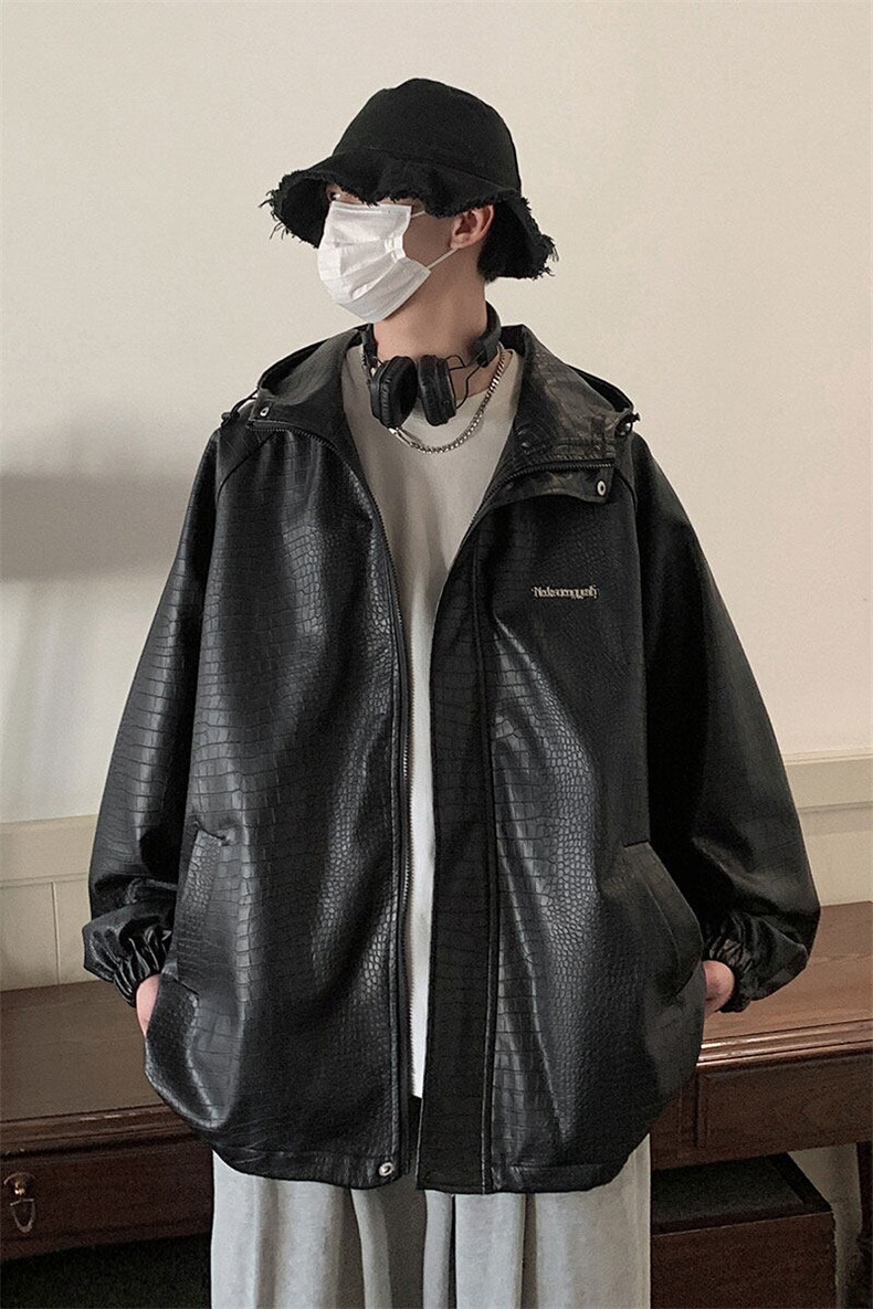 港风连帽鳄鱼纹PU皮衣大码情侣休闲冲锋衣夹克男JK8744P90控128,男装夹克,星座226-1