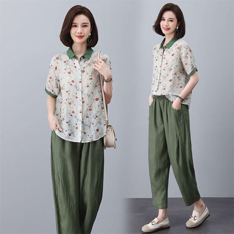 高端苎麻碎花套装纯亚麻上衣女装2025年新款夏季妈妈装棉麻两件套，女装套装/套裙，凝聚力