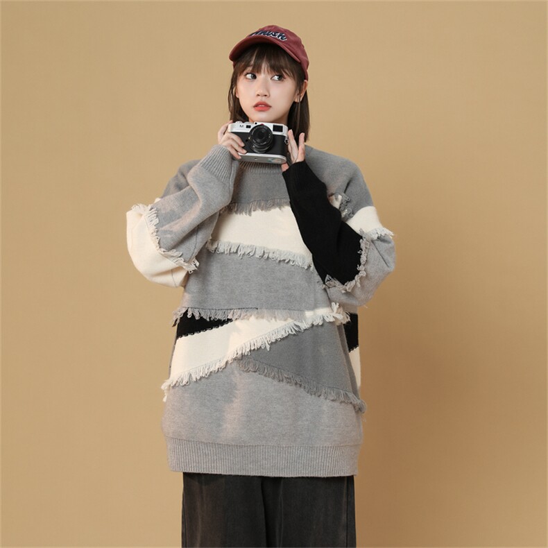 M8165/P75冬季新款韩系复古慵懒?宽松感拼色流苏软糯羊针织毛衣,男装针织衫/毛衣,电商A141