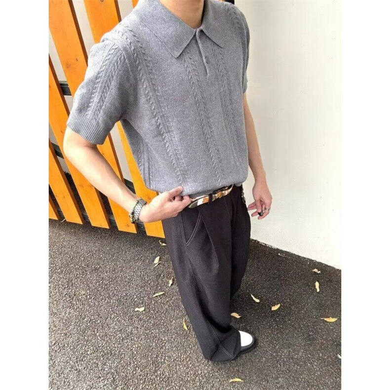 灰色麦穗纹针织短袖polo衫男款美式复古正肩t恤半袖ER5111-p52,男装Polo衫,星座1008