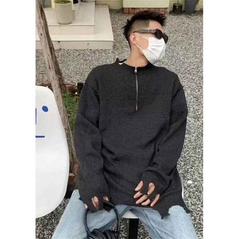 美式街头设计感破坏半拉链毛衣宽松情侣秋季针织衫 M5325图片