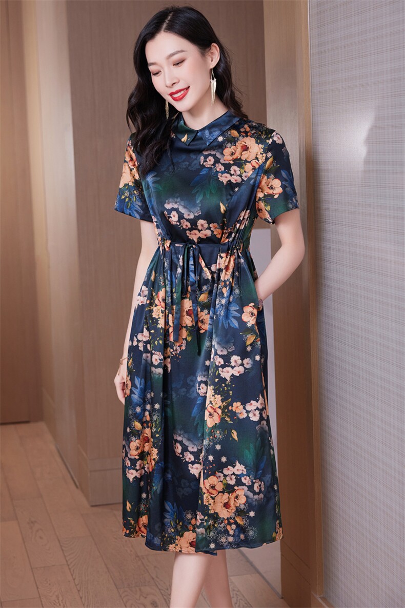 重磅真丝连衣裙女妈妈装真丝2026年夏季新款收腰印花裙子A23032,女装连衣裙,阿舍尔精品