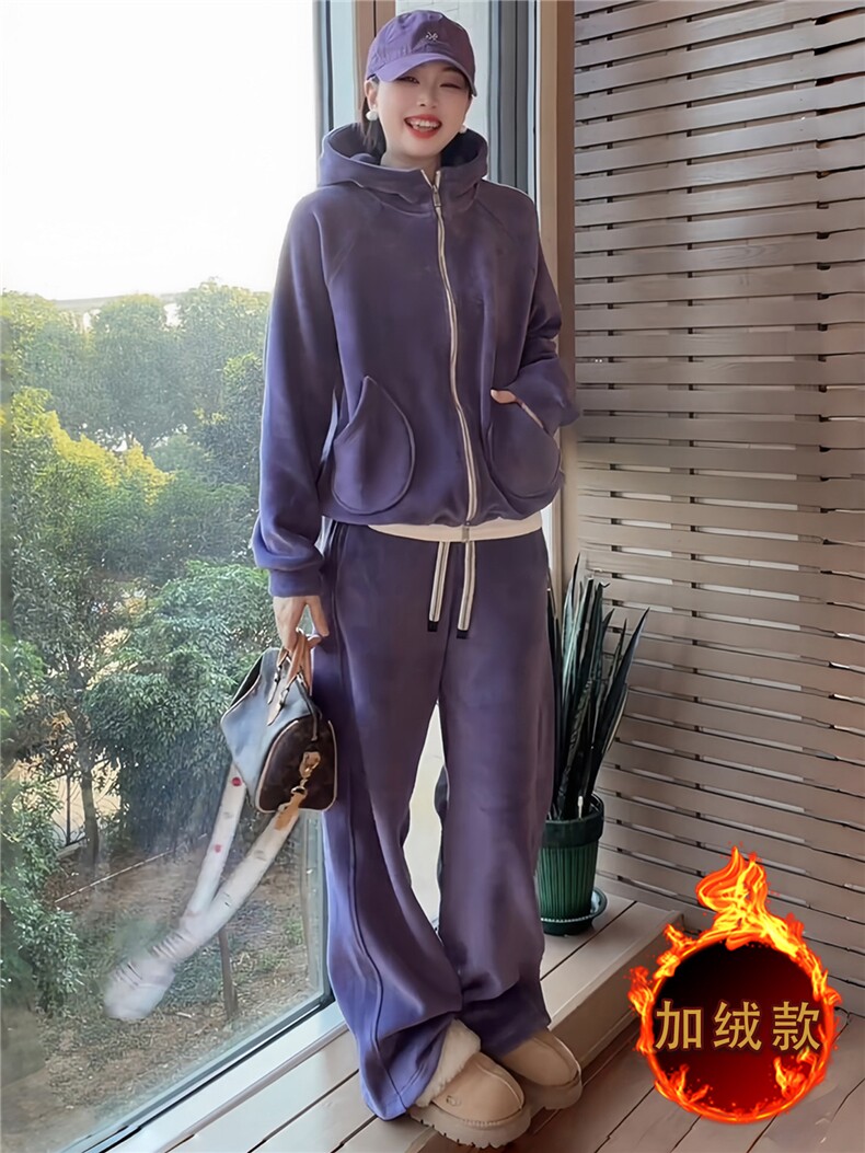 慵懒风休闲套装女秋冬新款双口袋拉链开衫连帽卫衣直筒长裤两件套,女装套装/套裙,江南