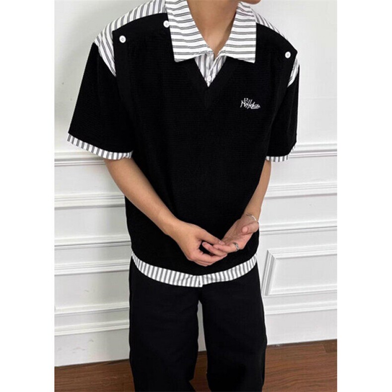 条纹拼接假两件翻领Polo衫男女日系复古学院风宽松短袖T袖T507，男装Polo衫，星座1116A（原606A-3）