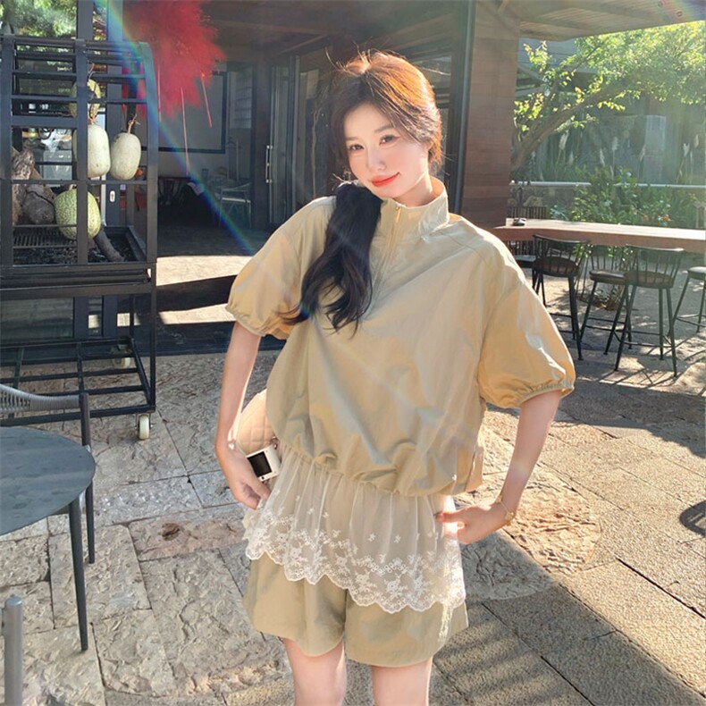 休闲运动工装蕾丝短袖卫衣短裤套装女夏季小个子两件套爆款高级感,女装套装/套裙,2D143