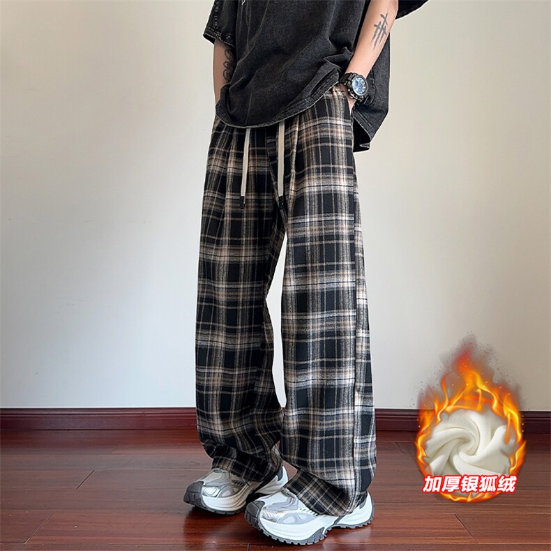 新款日系加绒直筒格子裤加厚银狐绒休闲裤K5767J加绒-特P35控68,男装卫衣,电商A001