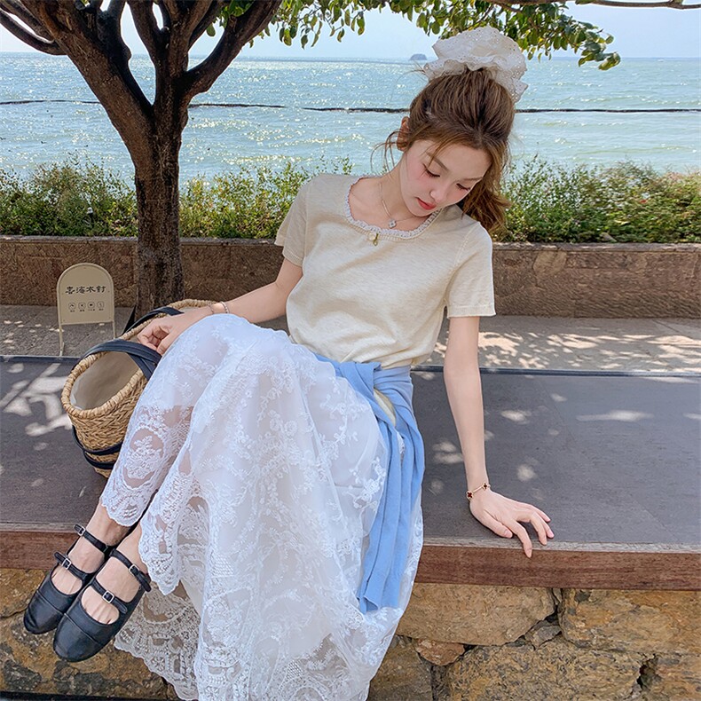 韩系甜美减龄蕾丝花边拼接半身裙2025春新款时尚百搭高腰显瘦长裙,女装半身裙,浙宝220A