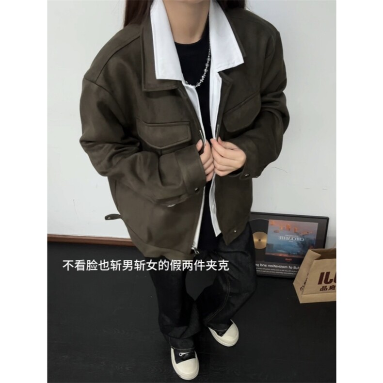 现货水洗麂皮假两件老钱风艾克夹克,男装夹克,星座910A