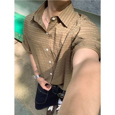 原创美式潮流复古条纹泡泡格肌理感夏季衬衫短袖男士衬衣P35，男装T恤，电商C306-1