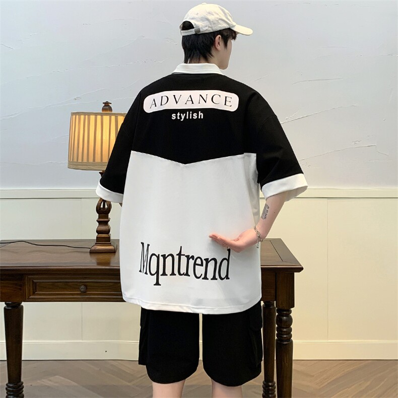 夏季港风运动短袖POLO衫套装男情侣冰丝半袖短裤两件潮6628-P60，男装T恤，电商A441-1