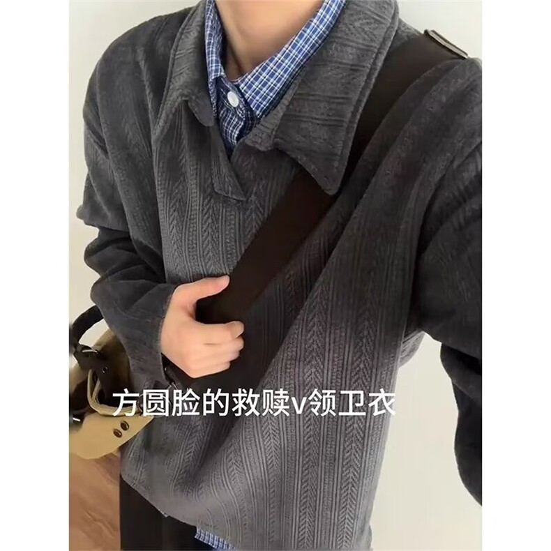 深灰色麦穗纹polo衫长袖t恤男秋季美式翻领卫衣小众设计感打底衫,男装T恤,星座506A