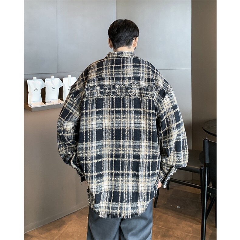 美式复古长袖衬衫男款春秋季新款情侣格子衬衣毛边设计感外套,男装衬衫,星座410-6（原星座1304-1）