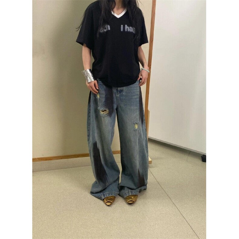 NZ507HH-P45cleanfit美式解构破洞喷绘弯刀牛仔裤痞帅高级感,男装牛仔裤,星座1007（原301D）