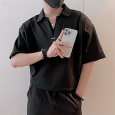 S89/P58控78夏季小伙轻奢假两件双V短袖Polo衫男装痞帅T恤黑色首2，男装T恤，星座305B