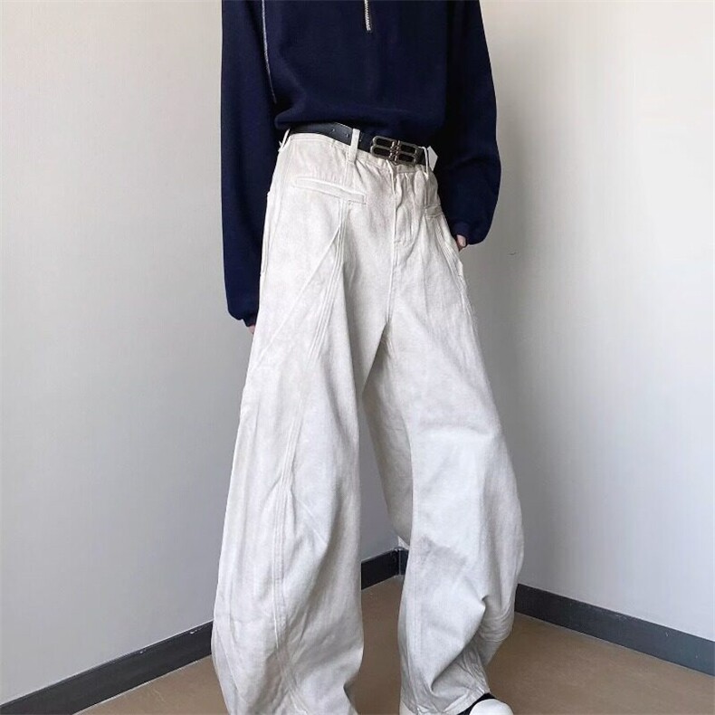 美式dirtyfit香蕉脏白色弯刀牛仔裤男女潮牌复古水洗做旧宽松长裤图片