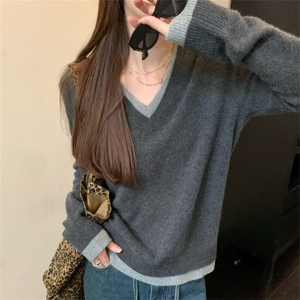 秋冬V领长袖针织衫女韩版宽松时尚百搭上衣内搭毛衣图片