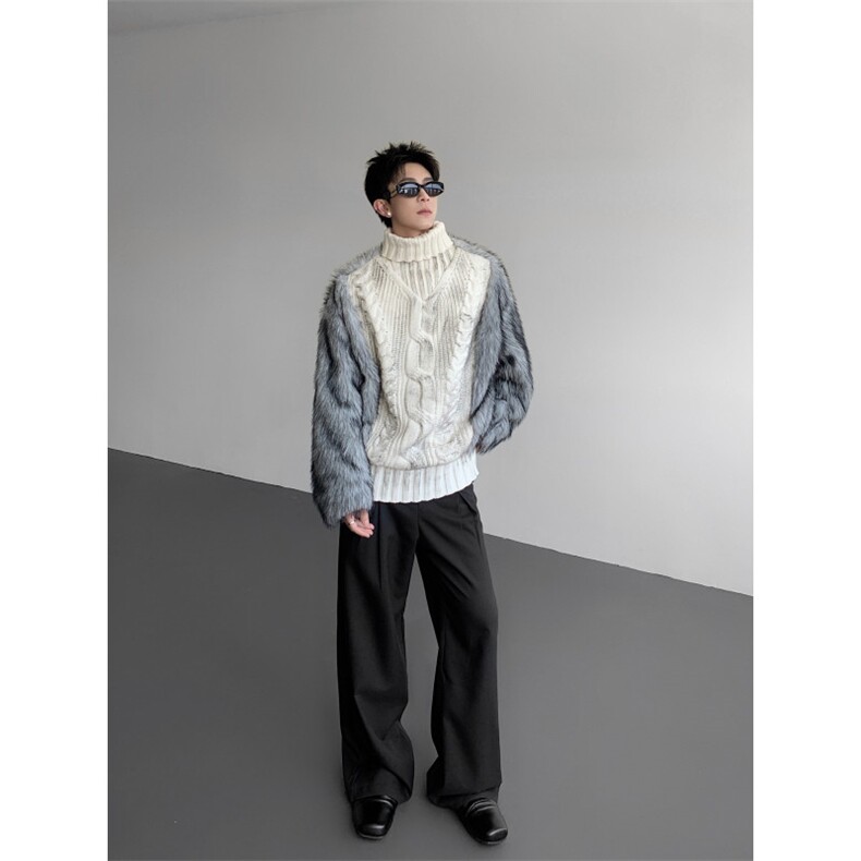 25秋冬男士设计感皮草拼接扭花高领毛衣皮草MJ1074-P188,男装针织衫/毛衣,电商B288
