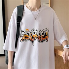 潮流嘻哈手绘涂鸦字母圆领短袖T恤宽松大码517A-1-T906-P28控38，男装T恤，星座517A-1