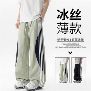 悟空有货潮牌夏季撞色条纹抽绳运动裤男复古街头宽松百搭休闲长裤图片