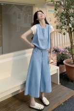 减龄时尚牛仔背心阔腿裤套装女夏ootd穿搭减龄三件套今年流行爆款，女装套装/套裙，2C012