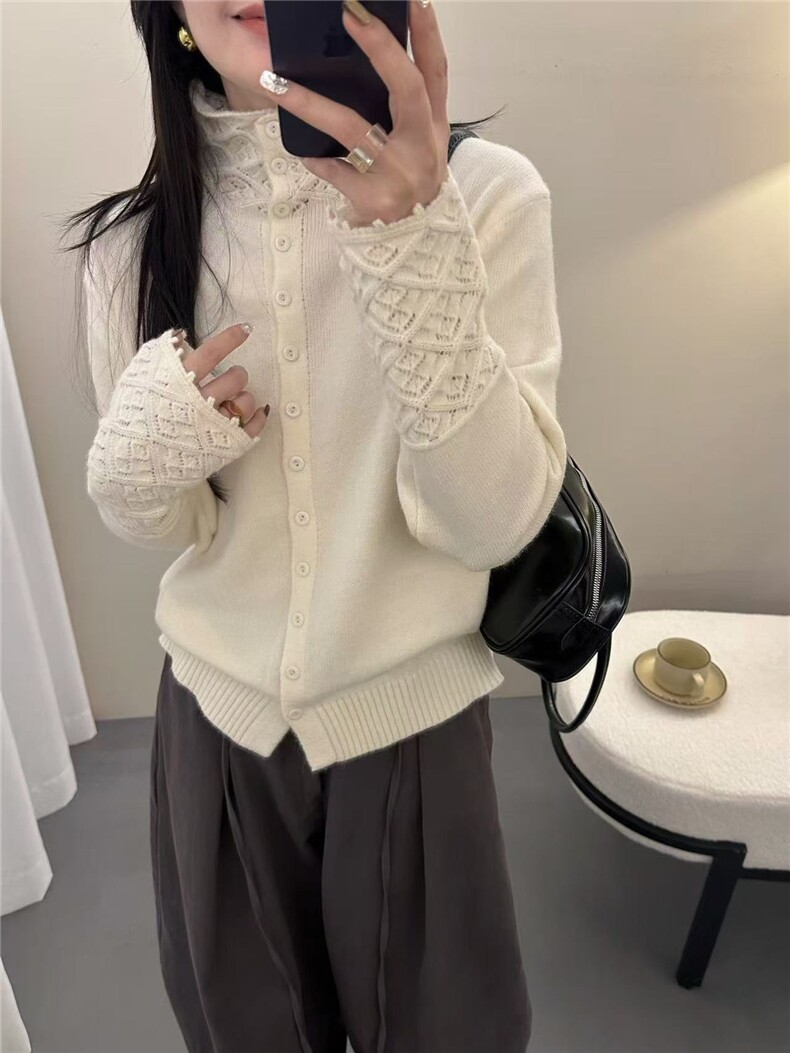 2025年秋季时尚百搭通勤简约休闲重工领口袖口钩花半高领，女装针织衫/毛衣，九嘉羊绒
