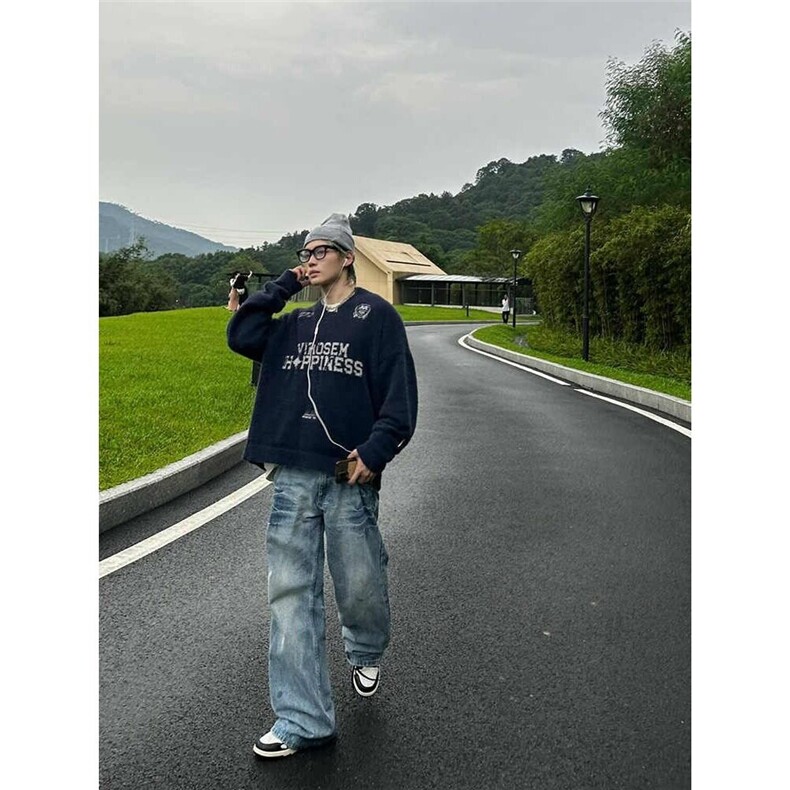 长裤春秋常规美式复古水洗蓝色直筒牛仔裤微弹中腰流行青少年潮,男装牛仔裤,星座218-1（原230）