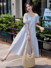 时尚拼接纯棉U领连衣裙女2025夏装新款今年流行爆款泡泡袖长裙子，女装套装/套裙，魅影