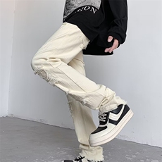 美式vintage毛边破洞牛仔裤男ins潮直筒显瘦高街微喇叭裤子-N235，男装牛仔裤，星座601-2