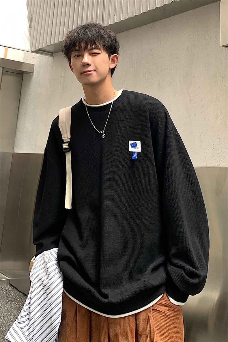 HQ1166-TP35-控价48假两件华夫格上衣男生港风秋季新款贴标卫衣,男装卫衣,电商A102-1
