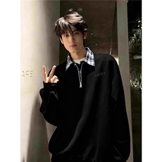 美式撞色拼接假两件卫衣男款冬季半拉链上衣潮牌衬衫领polo衫，男装衬衫，星座506A