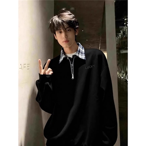 美式撞色拼接假两件卫衣男款冬季半拉链上衣潮牌衬衫领polo衫图片