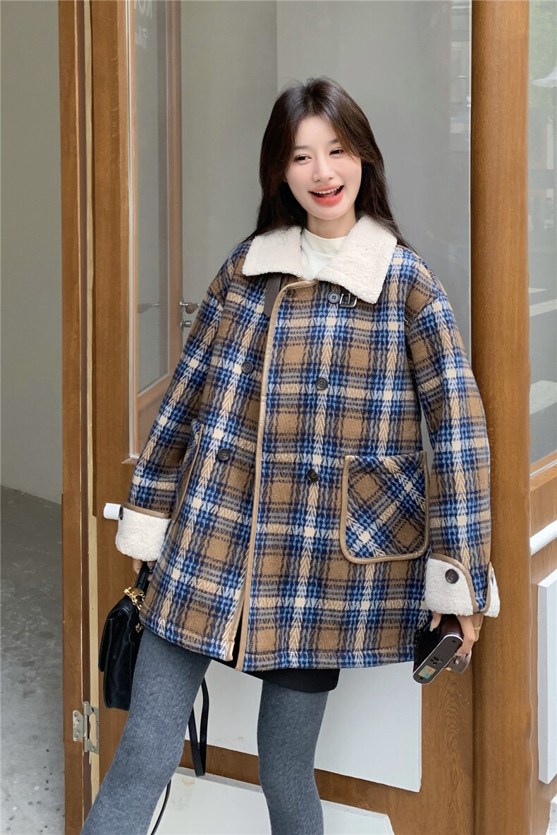 冬装新款现货皮毛一体格子外套2C271-9570-P195K278,女装毛呢外套,2C271
