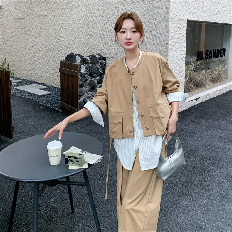 条纹拼接假两件外套直筒裤两件套2025秋季新款韩系卡其色淡人套装,女装套装/套裙,2C093