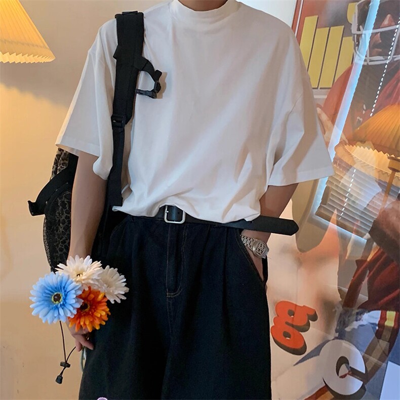 230克宽松弹力纯色简约打底衫气质轻熟风小半高领痞帅日系短袖T恤,男装T恤,电商A486