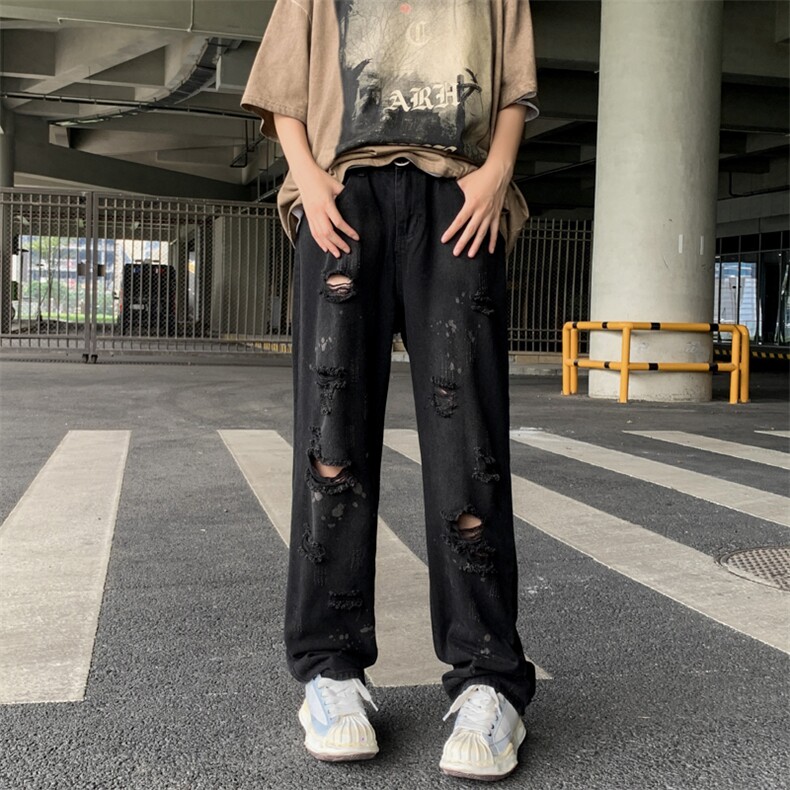 炸街vibe风裤子高街烟灰色破洞牛仔裤男美式直筒乞丐裤K7209-P40,男装牛仔裤,星座512-4