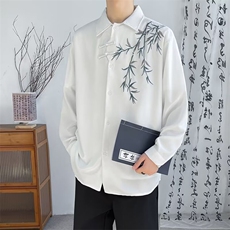 新中式风长袖衬衫男装春秋宽松刺绣衬衣夏季短袖C601，男装衬衫，星座1116A-1（原606A）