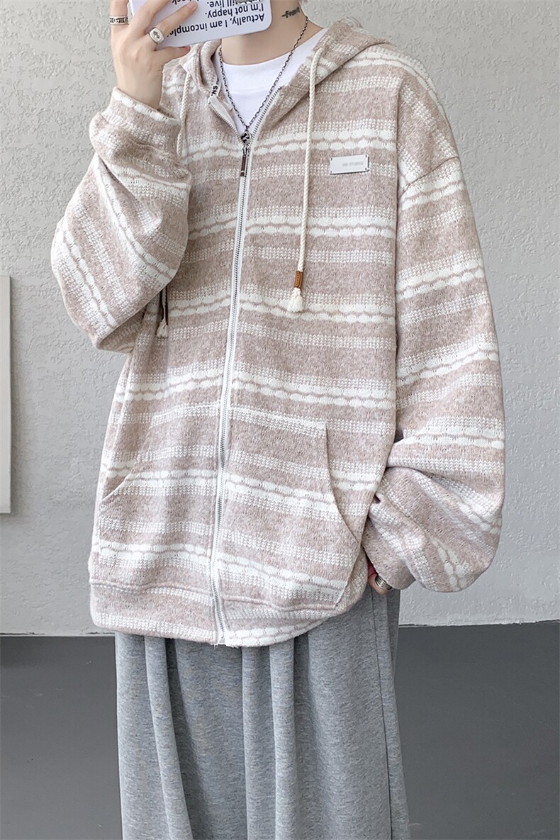 8XL-M潮情侣美式磨毛编织条纹针织衫卫衣宽松拉链外套WY30P88,男装针织衫/毛衣,电商D206-1