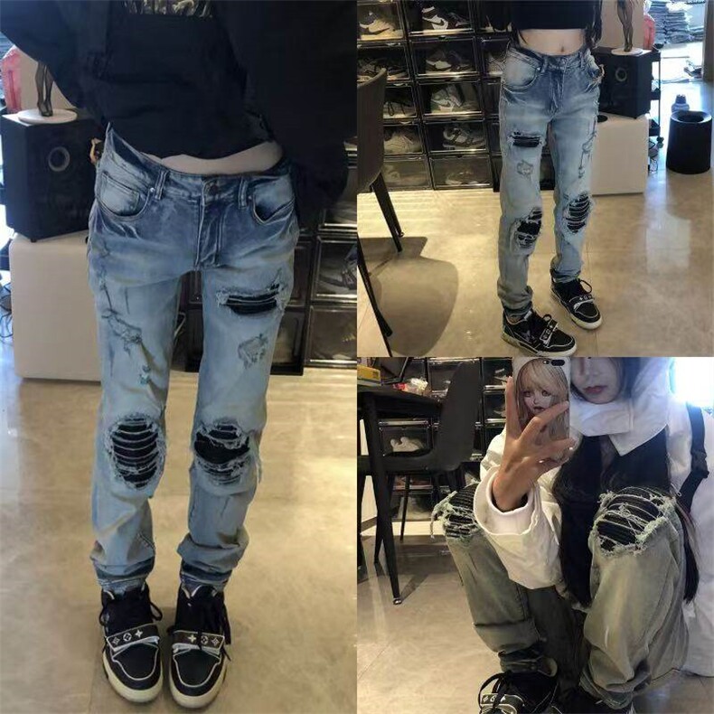 欧美高街潮牌新款复古浅色破洞牛仔裤男女补丁弹力修身小脚长裤子,男装牛仔裤,星座613